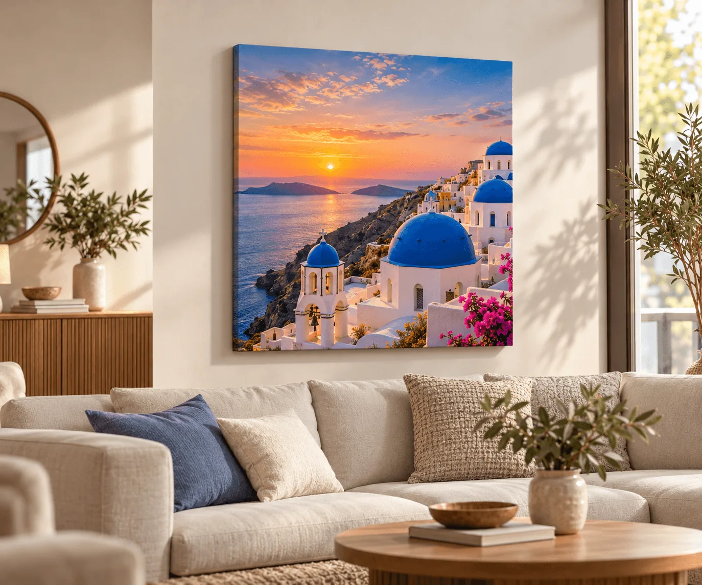 Santorini naplemente vászonképen egy modern nappaliban