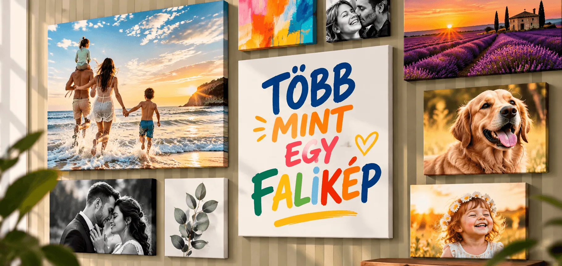 Többféle fotóból készült faliképek egy falon